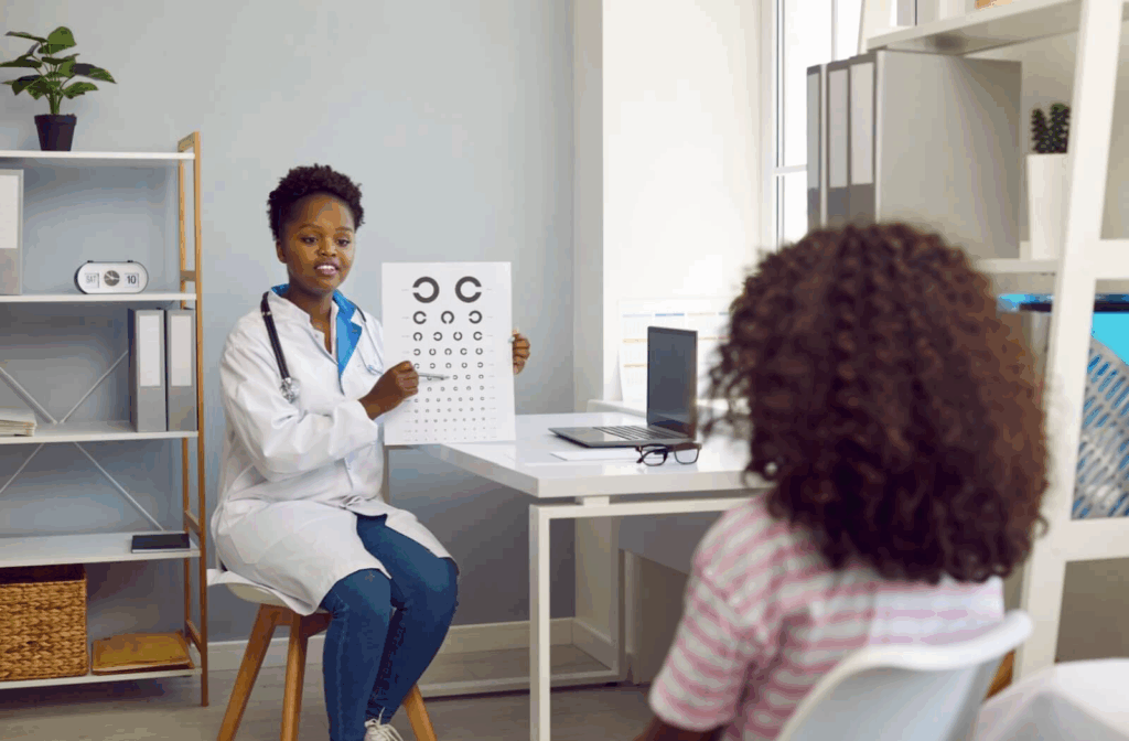 A healthcare professional holds an eye chart and points to it while speaking to a child seated across the desk.