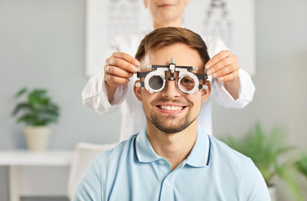 Patient having vision tested during an eye exam.