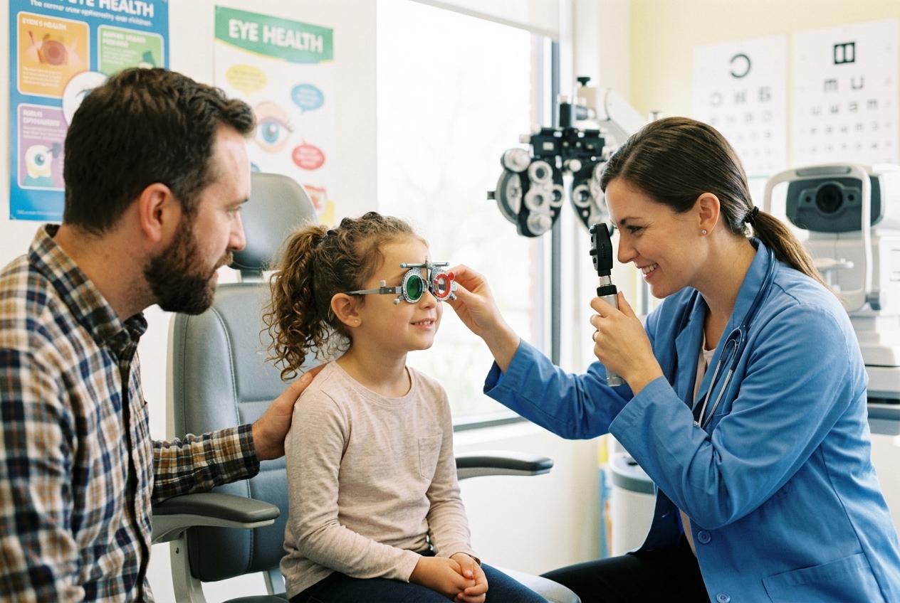 Smiling optometrist fitting a trial frame on a young girl during an eye exam, while a man sits beside the child in the exam room.