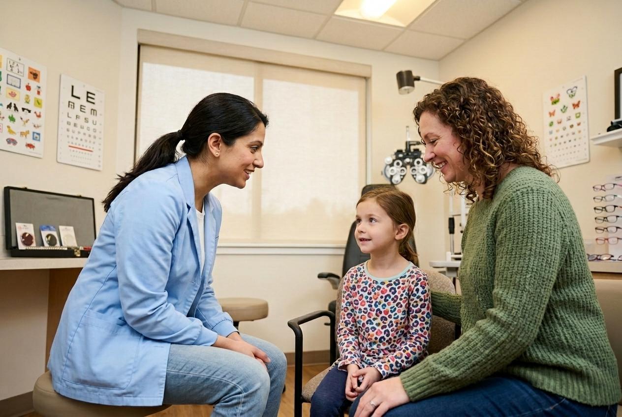 Smiling optometrist leaning toward a young girl and her mother during an eye exam appointment.