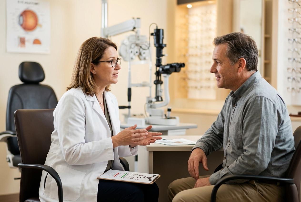 Optometrist discussing eye health and exam results with an adult patient in an eye clinic.