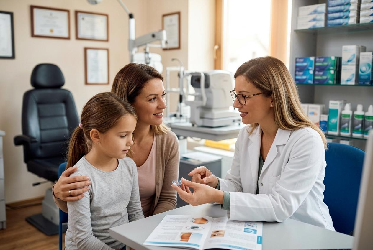 Optometrist showing a contact lens to a child and her mother during a comprehensive eye exam.