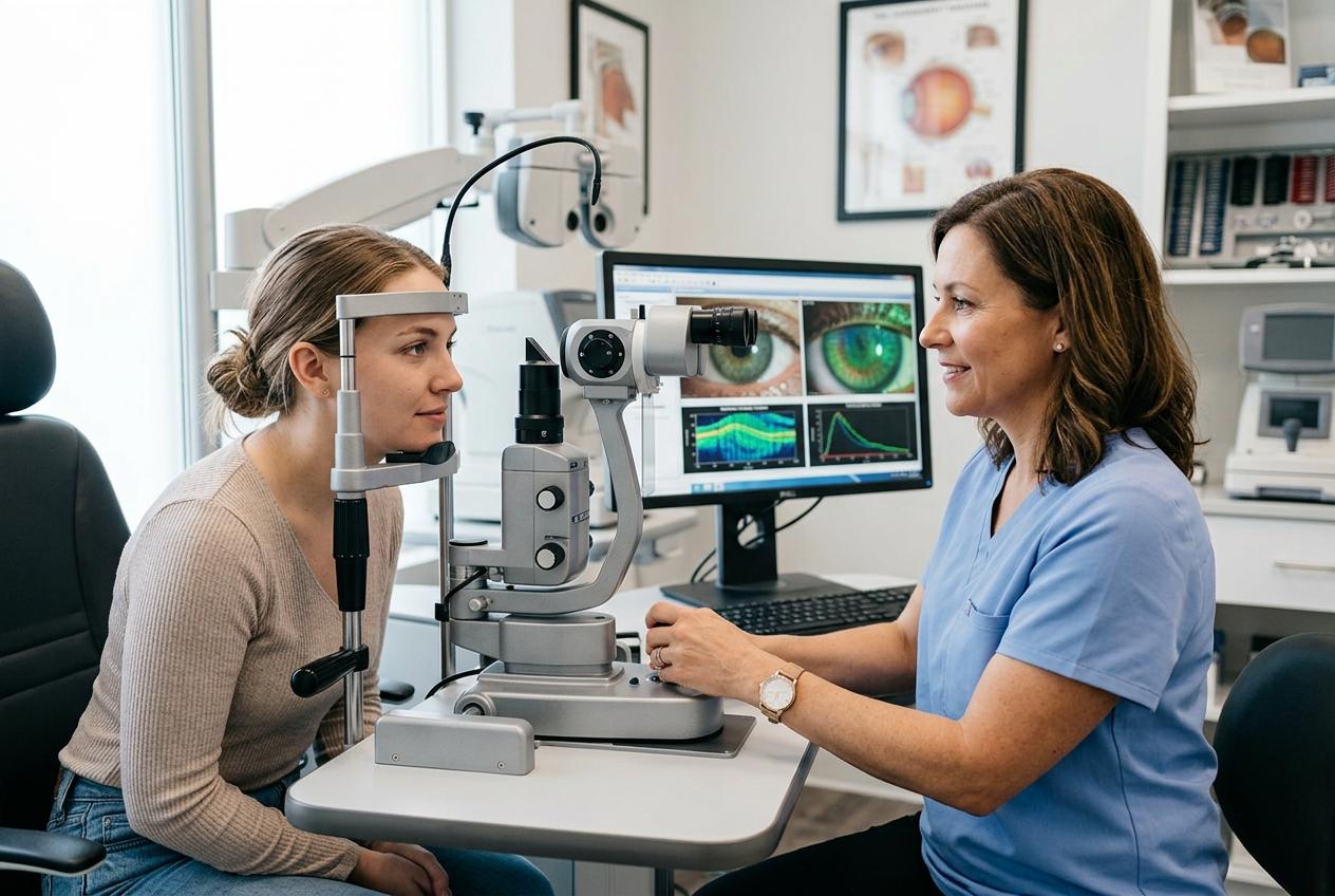 Optometrist using a slit lamp to examine a young woman's eyes in an exam room, with eye scans on a monitor behind them.