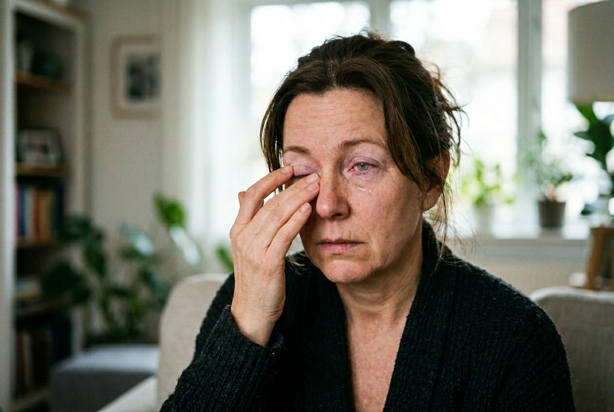 Woman in a dark cardigan rubbing one teary, reddened eye while sitting in a living room, looking distressed.
