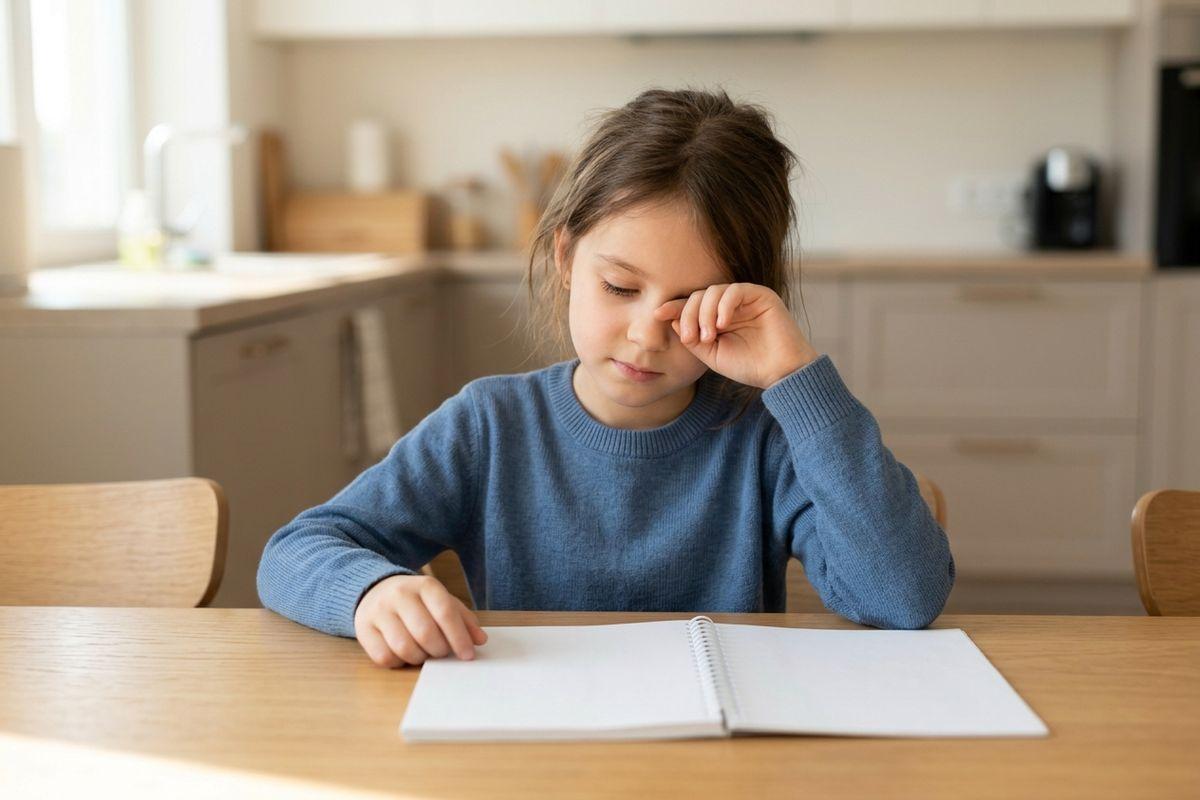 A child sits at a kitchen table looking down and rubbing their eye with one hand, an open blank spiral notebook in front of them.