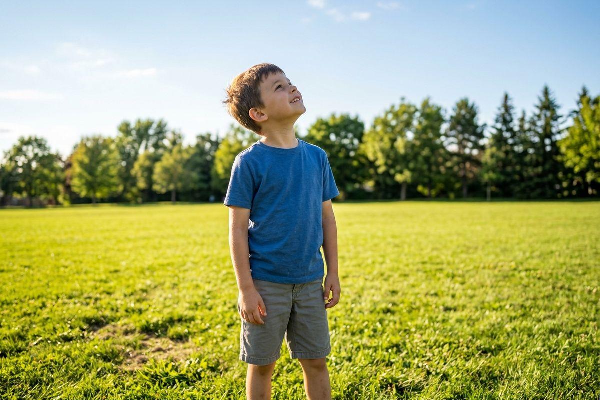 A smiling child in a blue t-shirt and grey shorts stands in a grassy field, looking up at the sky. Trees line the background.