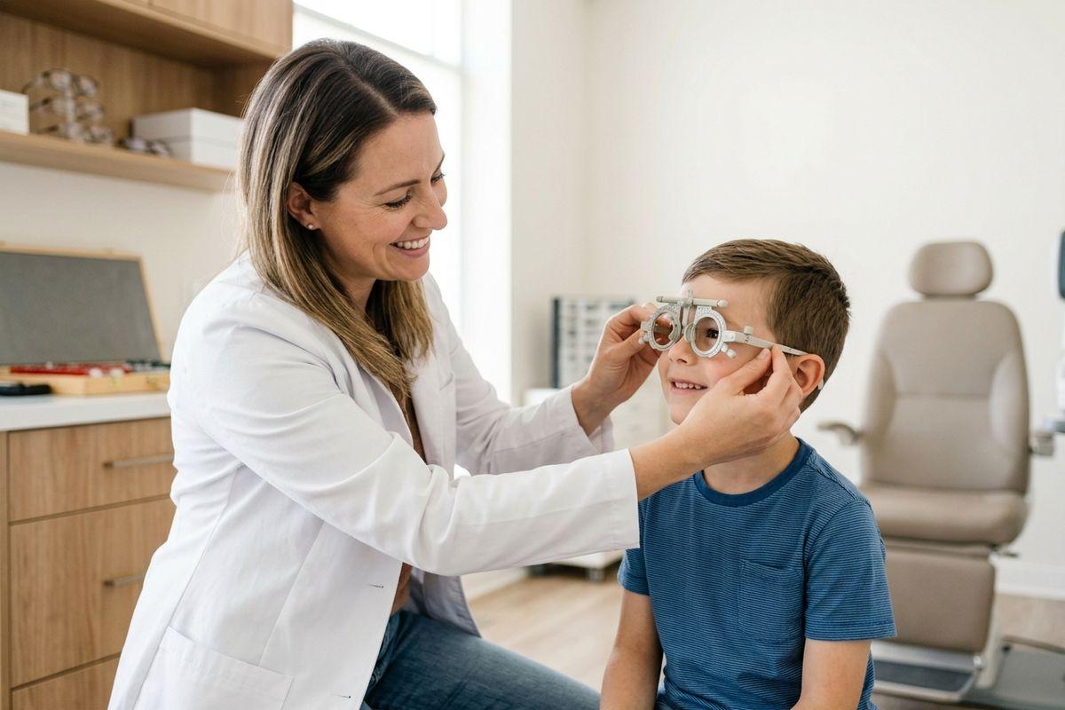 A smiling optometrist places trial frame glasses on a smiling child in an eye exam room.