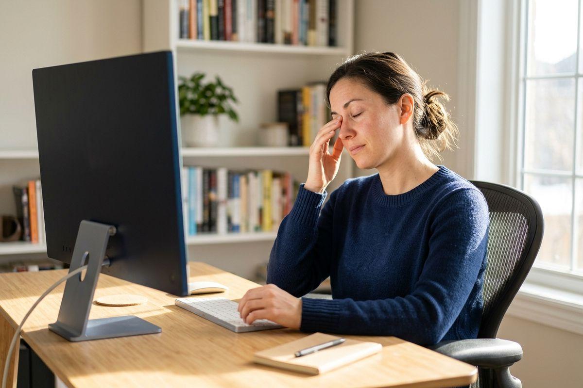 An adult sits at an office desk with eyes closed, pinching the bridge of their nose with one hand while facing a computer monitor.