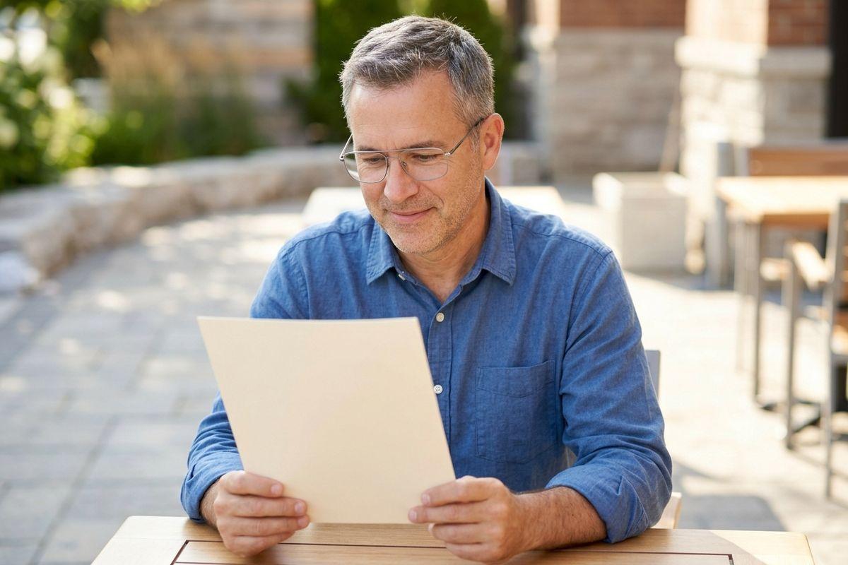 A smiling adult wearing glasses and a blue shirt sits at an outdoor table, holding and reading a piece of paper.