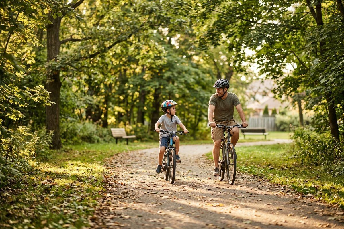 Adult and child in helmets ride bicycles side by side on a leafy park path, the adult smiling at the child, with trees and benches behind them.