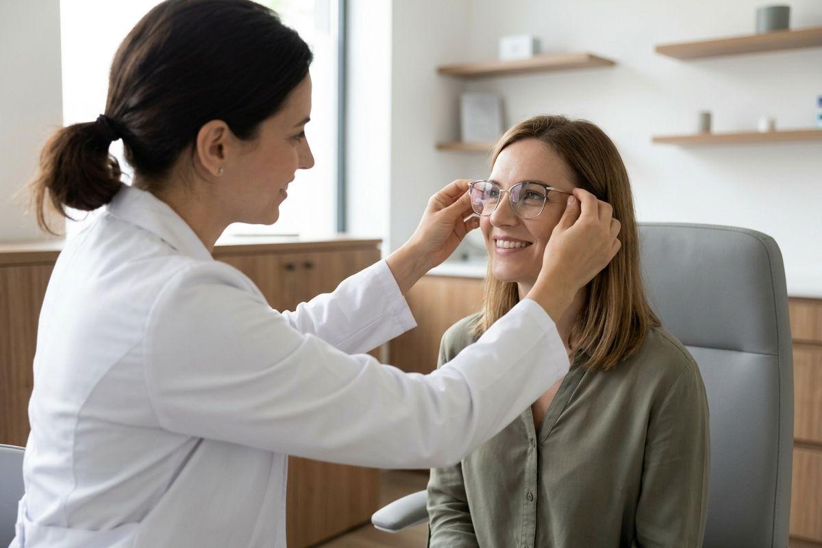 An optometrist in a clinic adjusts eyeglasses on a smiling seated adult.
