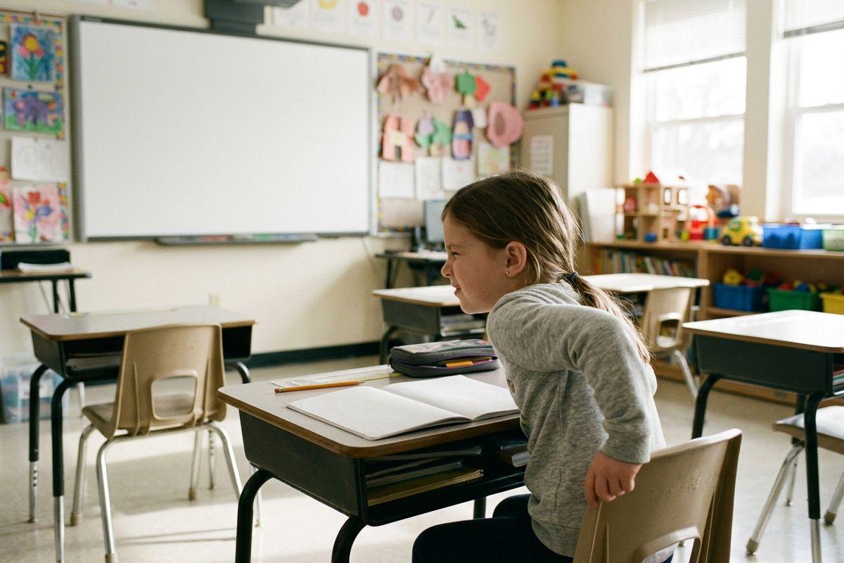 Child grimacing while rising from a desk chair in an otherwise empty classroom, open notebook and pencil on desk, whiteboard and artwork behind.